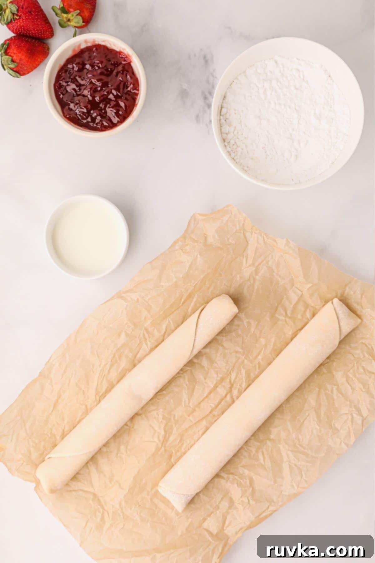 Air Fried Pop Tart Perfection 3 Ingredients needed to make pop tarts, crust, jam filling, powdered sugar and milk for the glaze.