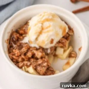 Easy Air Fryer Apple Crisp 9 Apple crisp topped with oats and ice cream,drizzled with caramel sauce in a white ramekin