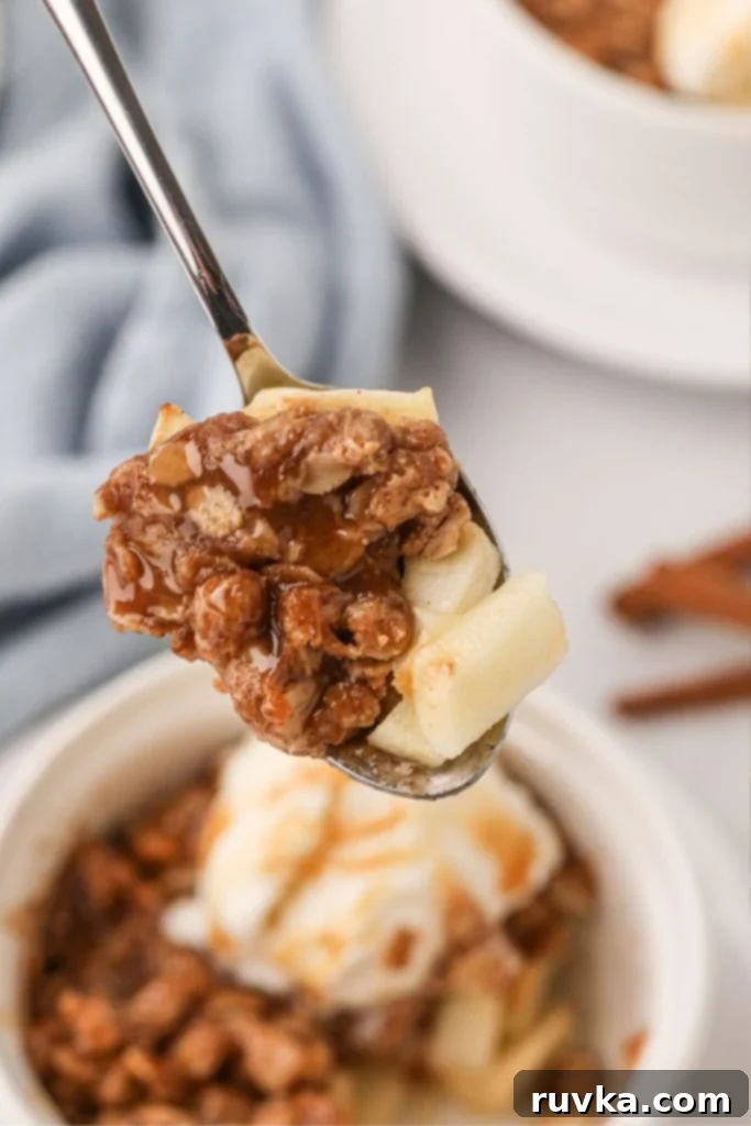 Easy Air Fryer Apple Crisp 8 Spoonful bite of apple crisp on a spoon showing apples and oat mixture