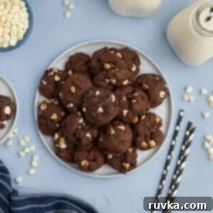 Air Fryer Cake Mix Cookies 6 Chocolate Cookies with white baking chips, stacked on a plate. Chewy and moist air fryer cookies.