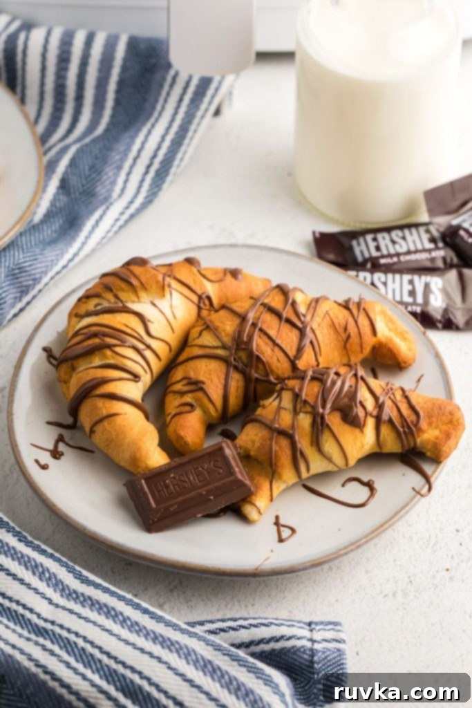 Crispy Air Fryer Chocolate Croissants 2 Golden chocolate filled croissants on a white plate served with milk and chocolate drizzles