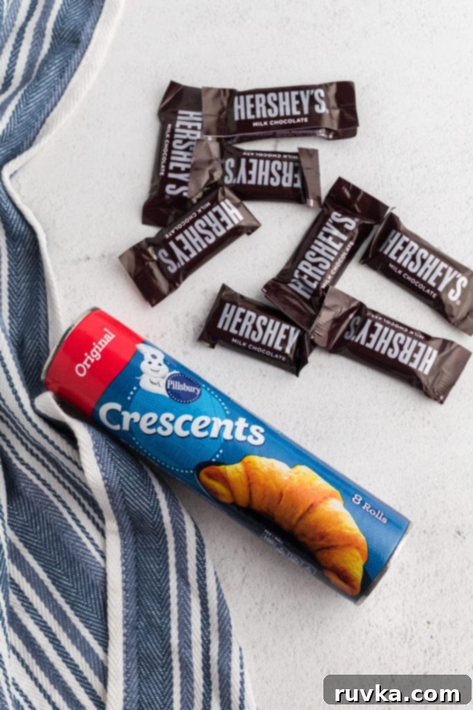 Crispy Air Fryer Chocolate Croissants 3 Ingredients needed to make croissants, including mini hershey chocolate bars