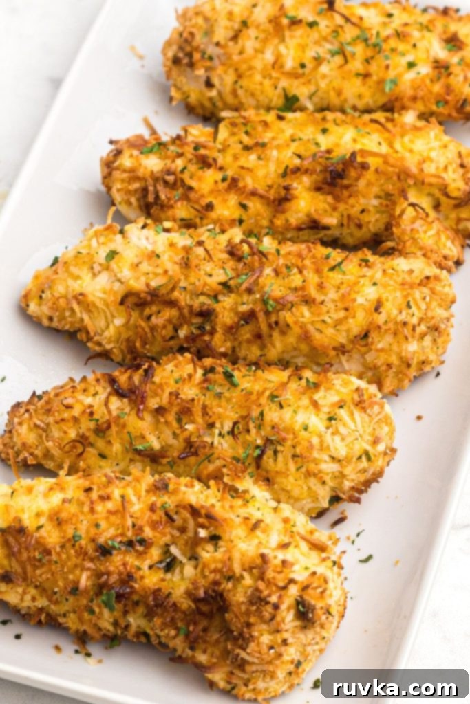 Crispy Air Fryer Coconut Chicken 2 Golden crispy coconut chicken on a white plate garnished with parsley flakes