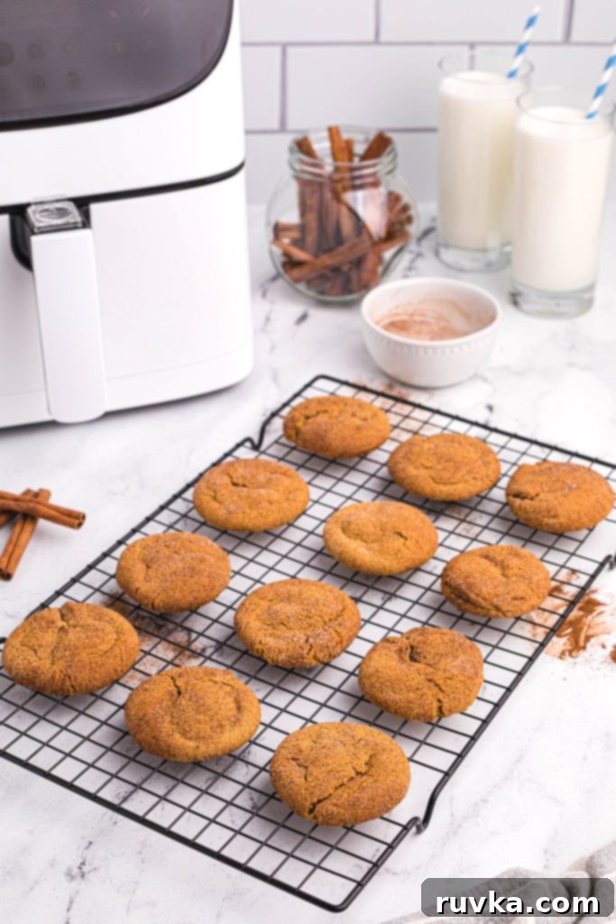 Golden Spiced Air Fryer Snaps 10 Gingersnap cookies on a cooling rack in front of the air fryer