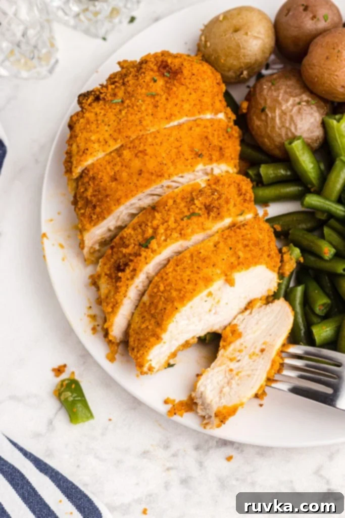 Perfectly Crispy Air Fryer Shake and Bake Chicken 2 Sliced golden crispy chicken on a white plate served with green beans and potatoes