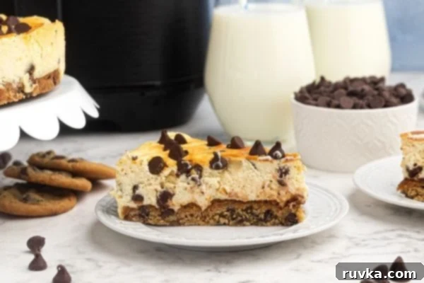 Chocolate Chip Cookie Cheesecake in the Air Fryer 2 Delicious and creamy chocolate chip cookie cheesecake, freshly baked from the air fryer, garnished with chocolate chips.