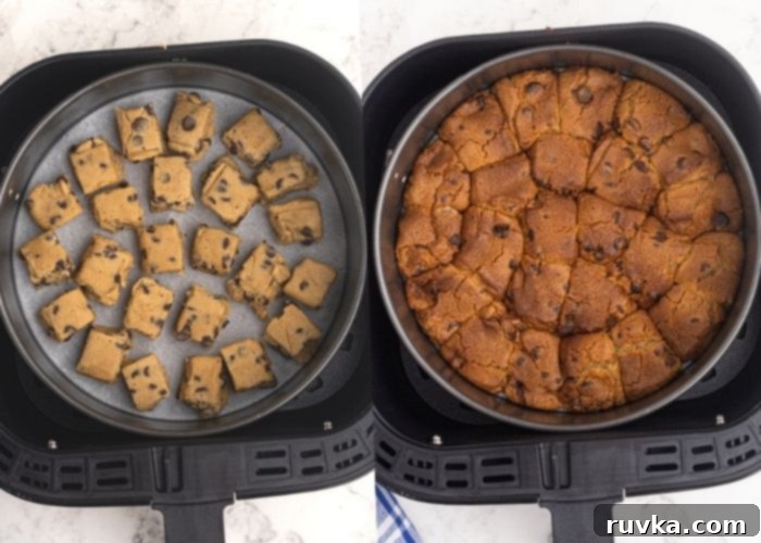Chocolate Chip Cookie Cheesecake in the Air Fryer 3 Side by side photos of Nestle Toll House cookie dough arranged in a springform pan before and after air frying to a golden brown crust.