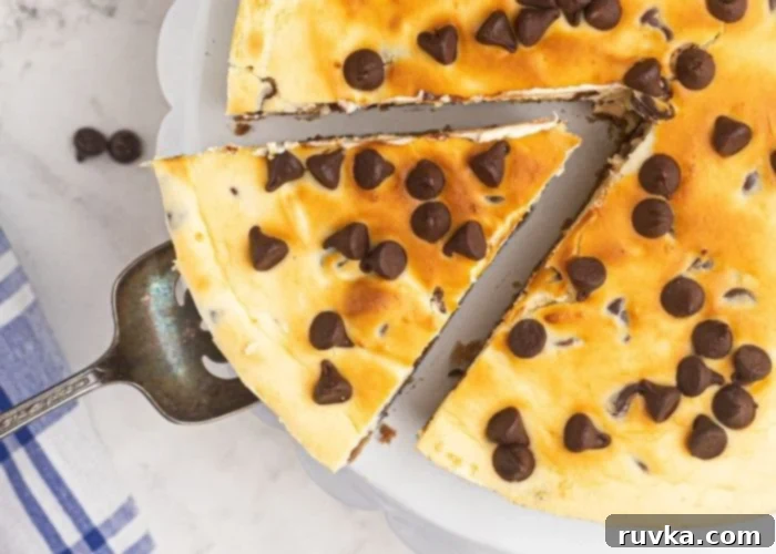 Chocolate Chip Cookie Cheesecake in the Air Fryer 6 A perfectly sliced piece of creamy chocolate chip cheesecake being lifted with a spatula, showcasing its decadent texture and cookie crust.