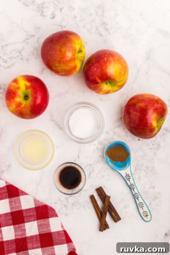 Perfect Air Fryer Apples 3 All the necessary ingredients to make air fryer apples, including fresh apples, cinnamon, brown sugar, and melted butter, neatly measured and arranged on a pristine white marble table, ready for preparation.