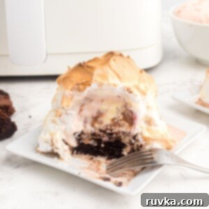 Decadent Air Fryer Brownie Baked Alaska 10 Golden meringue coating over ice cream on a brownie in front of an air fryer