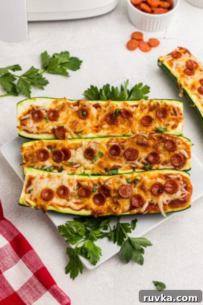 Quick & Easy Air Fryer Zucchini Pizza Boats 2 Golden cheese and pepperonis on slices of zucchini cooked and served on a white plate