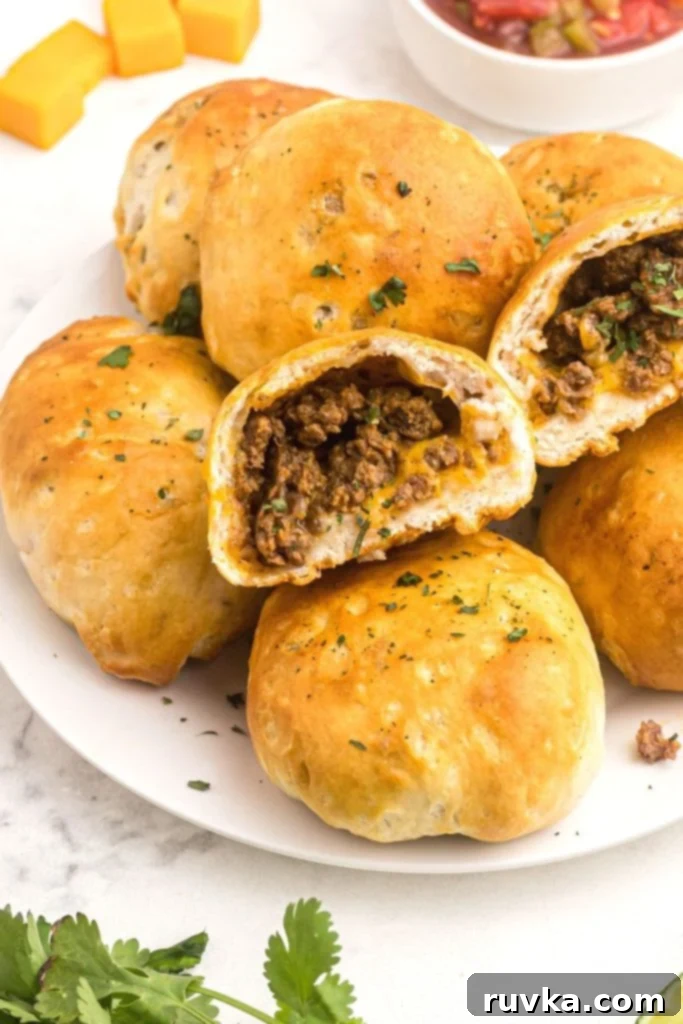 Crispy Air Fryer Taco Bombs 2 Golden biscuits filled with seasoned hamburger meat and cheddar cheese, served with salsa
