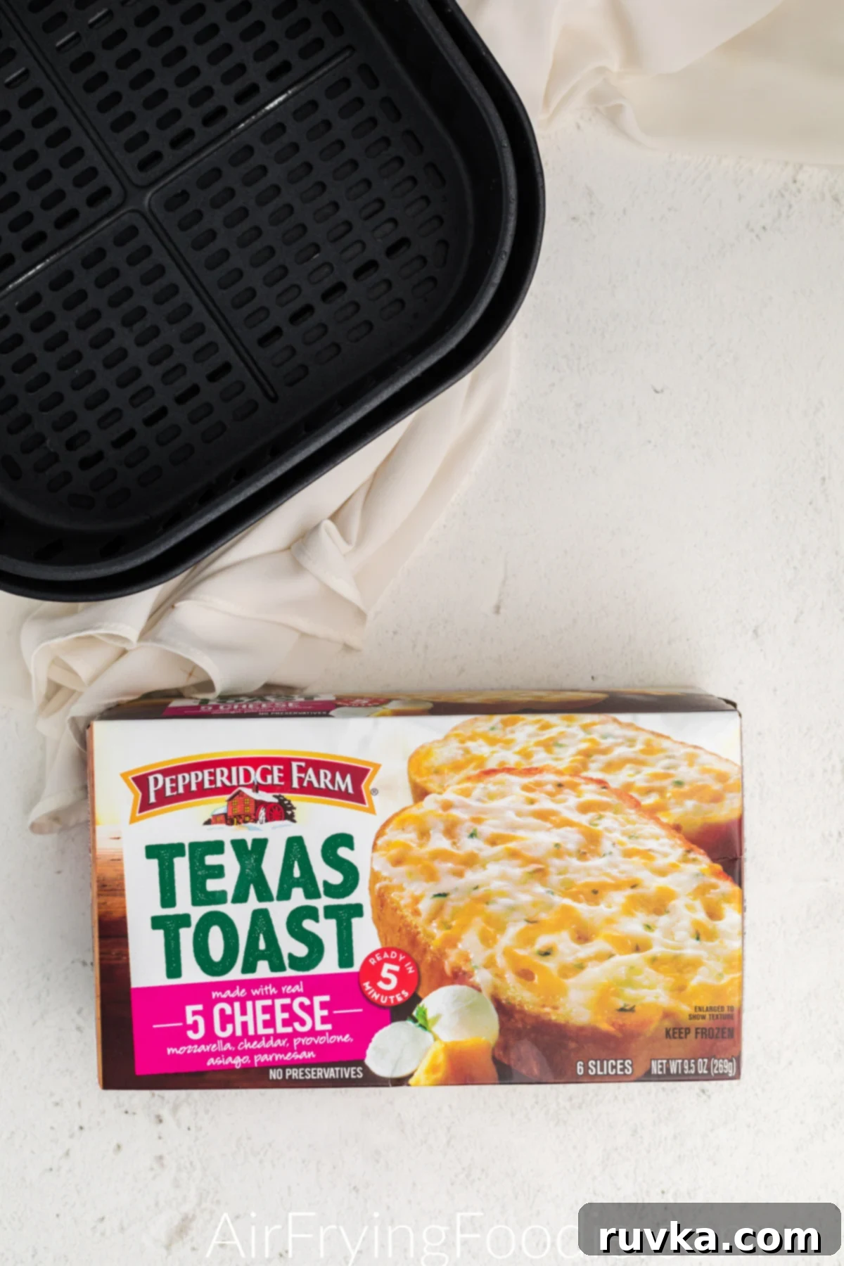 Crispy Air Fryer Texas Toast 3 A box of frozen Pepperidge Farm Texas Toast, ready for cooking in the air fryer.