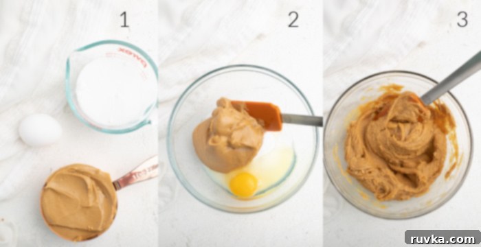 Chewy Air Fryer Peanut Butter Cookies 4 Collage photo of peanut butter, sugar, and egg being mixed in a bowl.