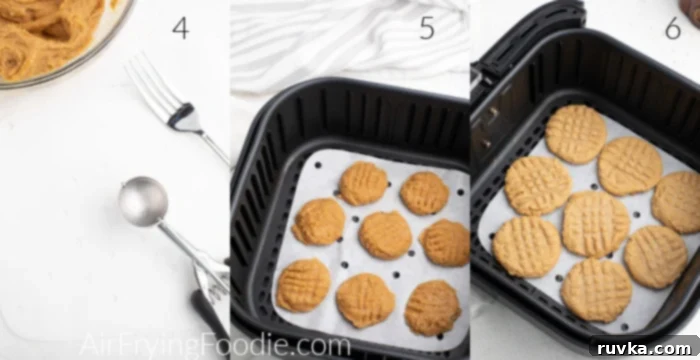 Chewy Air Fryer Peanut Butter Cookies 5 Collage of photos showing the cookie scoop, cookie dough with fork mash marks, and cooked cookies in the Air Fryer basket.