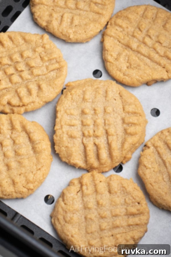 Chewy Air Fryer Peanut Butter Cookies 6 Peanut Butter cookies in an Air Fryer basket.