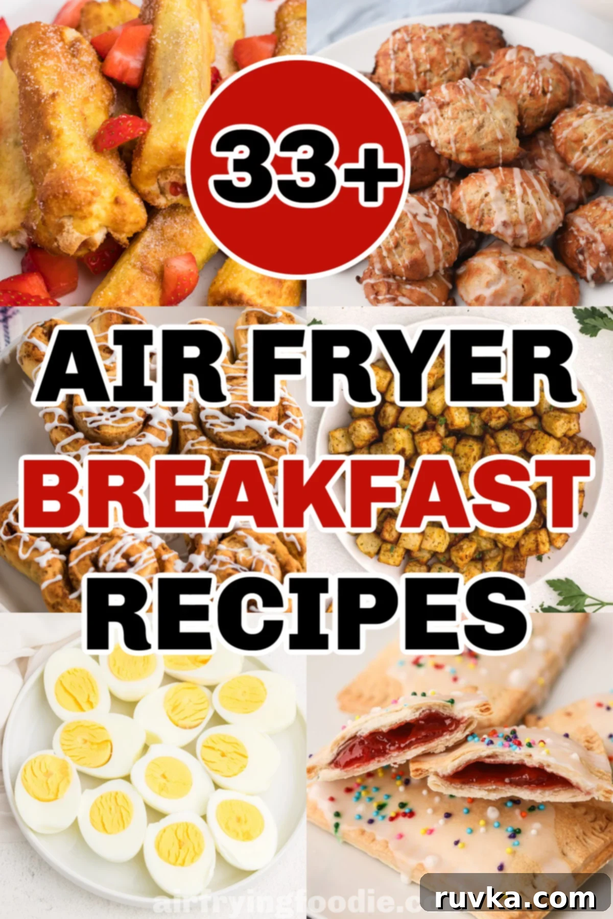 Easy Air Fryer Breakfasts 2 A vibrant collage featuring a variety of easy and quick air fryer breakfast recipes, including fluffy eggs, crispy bacon, golden potatoes, and sweet pastries, perfect for a family breakfast.